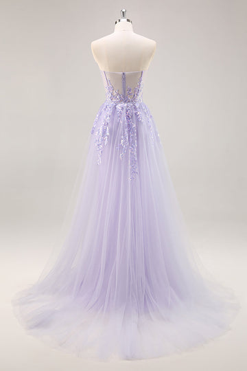 Lilla senza spalline corsetto Abito da Cerimonia con sovrapposizione staccabile
